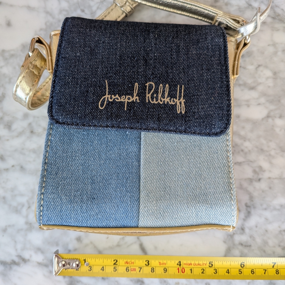 Joseph Ribkoff Blue Denim & Gold Mini Crossbody Purse Bag Tassel - Picture 5 of 7
